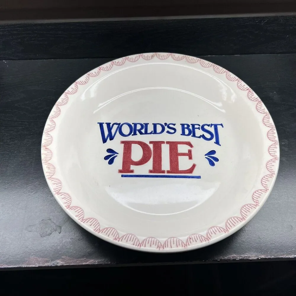 Mount Clemens Stoneware Pottery WORLDS BEST PIE Plate 10.5” Red White Blue Japan
